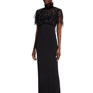 Jenny Packham Juliette crepe gown jeweled tulle capelet, sz US 10/UK 14, NWT